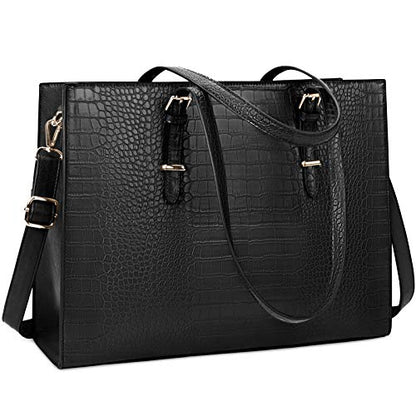 Laptop Bag for Women 15.6 Inch Crocodile Leather Tote Bag Water-resistant Work Briefcase Business Computer Shoulder Bag for Travel Teacher Nurse Professional Handbag,Black - color: Black