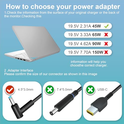 SOLICE 45W AC Adapter Compatible for HP 17 inch Laptop 17-AK 17-AR 17-BS 17-by 17-CA 17-CN 17-CP 17-CN 17-GXXX 17-pxxx 17-yxxx 17-x0xxx 17-x1xxx Laptop Power Supply Cord 19.5V 2.31A