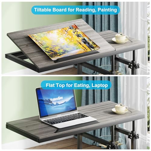 Tribesigns Height Adjustable C Table with Wheels, Mobile Couch Snack Side Table with Tiltable Drawing Board, Sofa Bedside Laptop Stand C Shaped TV Tray with Storage Shelves (Grey) - color: Grey+black