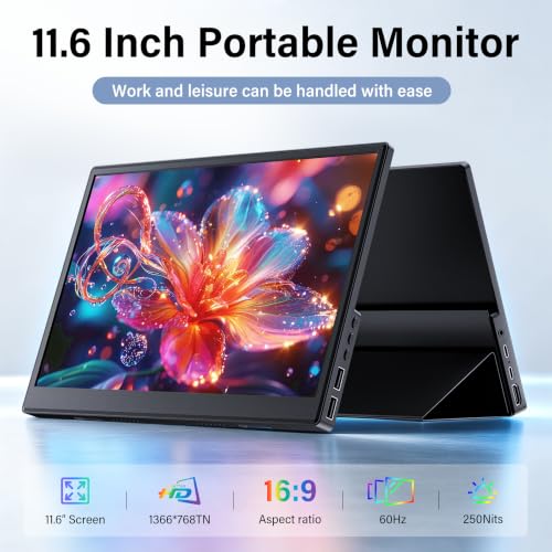 11.6 Inch Small Portable Monitor, HDMI Display Dual USB-C External Monitor for Laptop, Plug&Play Ultra Slim Travel Display PC Phone Xbox PS5 - size: 11.6inch