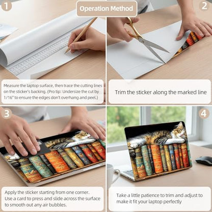 Aesthetic Laptop Skin Cover,12-15.6 Inch Universal Vinyl Sticker Decal,Cat Books Shelf Waterproof Scratch-Resistant Notebook Wrap,Removable Residue-Free Protector - color: Cat Books Shelf