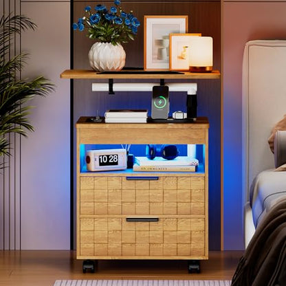 Lareth Rolling Nightstand with Wheels, LED Lights, Charging Station | Height Adjustable, Bedside Table 2 Drawers, Smart Wooden End Table Dorm Side Table Laptop Workstaion, Bedroom, Natural - color: A Natural