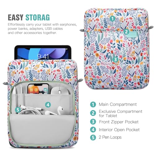 TiMOVO 9-11" Tablet Sleeve Bag Carrying Case with Strap, Flowers | Fits iPad A16 11", Pad Air 11/5th & 4th 10.9", 10th Gen/10.2", Galaxy Tab A11 Plus, Multi-Pocket, Handle, Padded Protection - color: Flowers, size: 9-11