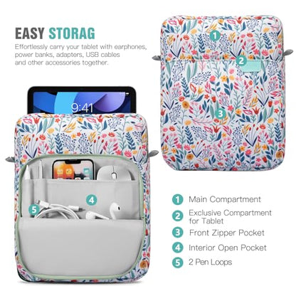 TiMOVO 9-11" Tablet Sleeve Bag Carrying Case with Strap, Flowers | Fits iPad A16 11", Pad Air 11/5th & 4th 10.9", 10th Gen/10.2", Galaxy Tab A11 Plus, Multi-Pocket, Handle, Padded Protection - color: Flowers, size: 9-11