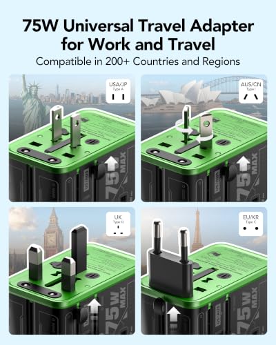 MFish 75W Universal Travel Adapter, 5-Port International Power Adapter with Retractable USB-C Cable, 3 USB-C & 1 USB-A + AC Outlet, Worldwide Wall Charger for MacBook, iPhone, iPad, EU/UK/US/AUS Black - color: Black