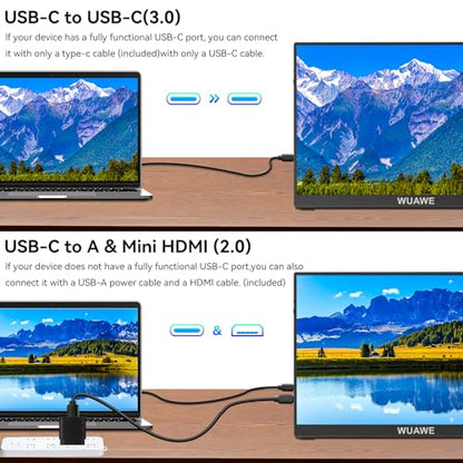 WUAWE Portable Monitor 15.6 Inch, 72% NTSC 100% sRGB USB C HDMI Travel Monitor for Laptop with Built-in Stand, HDR Freesync Low Blue Light for PC Mac Phone PS5 Switch.
