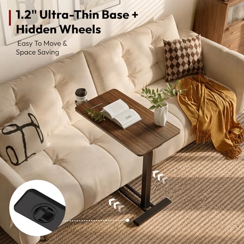 SANODESK 28''Pneumatic Adjustable Overbed Bedside Table with Hidden Casters | Medical Mobile Side End Table Laptop Computer Standing Desk Cart with Tray, Hospital and Home Use(27.6" W x 15.7" D,Walnut) - color: Walnut, size: Small