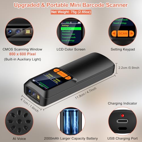 KUIIYER Mini Barcode Scanner, 2D QR 1D Bluetooth Wireless Bar Code Reader | LCD Screen Display & Setting Keypad & AI Voice, Small Portable Handheld Barcode Reader for Smart Phone, Computers & POS