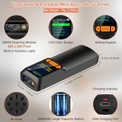 KUIIYER Mini Barcode Scanner, 2D QR 1D Bluetooth Wireless Bar Code Reader | LCD Screen Display & Setting Keypad & AI Voice, Small Portable Handheld Barcode Reader for Smart Phone, Computers & POS