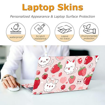 Universal Laptop Skin Sticker with 2 Wrist Pad Decals, 3-Piece Removable Vinyl Laptop Cover, Strawberry Cat Waterproof Anti-Scratch, Easy-Trim Fit for 13.3" 14" 15.6" Laptops - color: Strawberry Cat