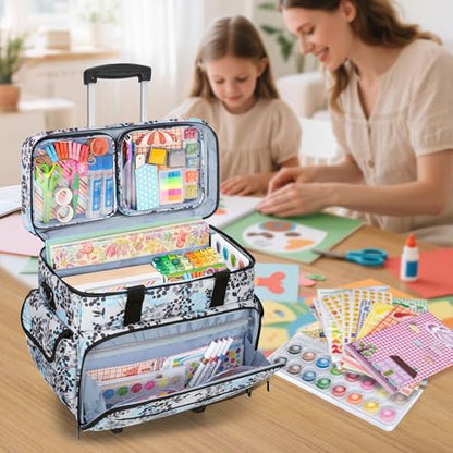 Teamoy Rolling Scrapbook Tote, Craft Bag with Detachable Wheels, Dandelion | Scrapbook Storage Bag with Bottom Wooden Pad, 2 detachable zipper pouches, Shoulder Straps for Paper, Ablum - color: Dandelion