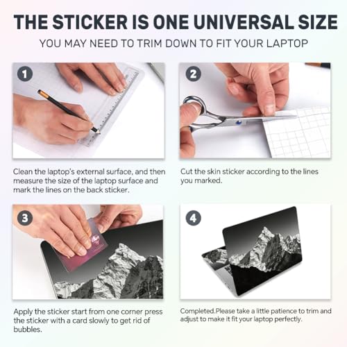 3Pcs Mountains Laptop Skin Sticker Snow-Capped Scenery Universal Removable Vinyl Stickers Fits for 12.1 13 14 15.6 16 Inch Waterproof Notebook Decal Cover Gift - color: Black and Silver