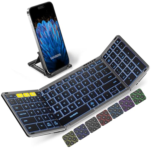 Samsers Full-Size Backlit Foldable Bluetooth Keyboard with Numeric pad-Gray | 7-color backlight, Number Keypad, BT5.1 x 3, PU Leather Cover, Velvet bag, Phone Holder, for PC tablet phone, Mobile Working