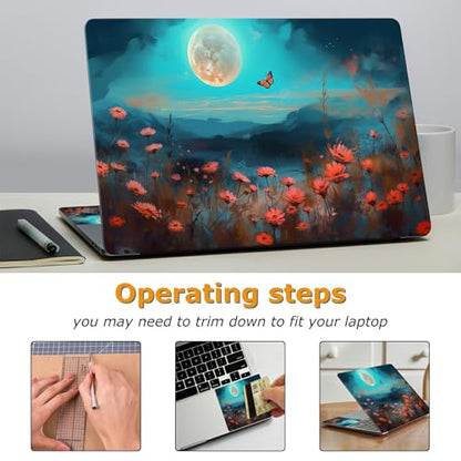 Universal Laptop Skin Sticker with 2 Wrist Pad Decals, 3-Piece Removable Vinyl Laptop Cover, Moon Poppy Waterproof Anti-Scratch, Easy-Trim Fit for 13.3" 14" 15.6" Laptops - color: Moon Poppy