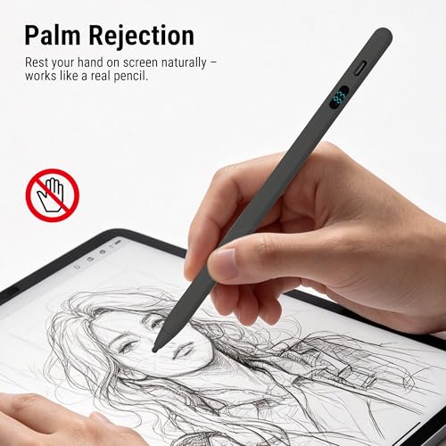 LED Battery Display Stylus Pen, Dual Modes Fast Charge Universal Active Digital Pencil for iPad iPhone Samsung Android, <2ms Low Latency, Tilt Sensitivity for Drawing Note Taking, No Bluetooth Stylus - color: Black