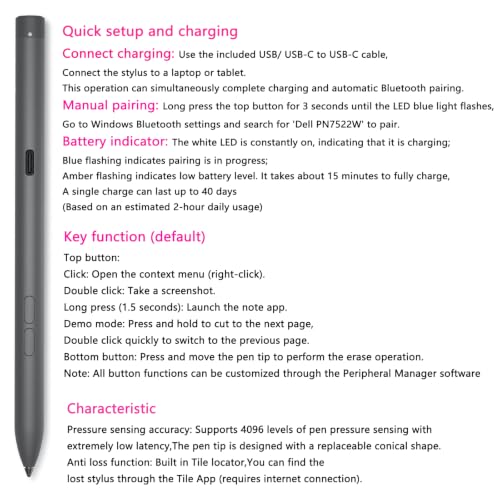 KEITE Rechargeable Active Pen PN7522W for Dell 9420/7420/7440/9430 Latitude 16 2in 1 7620/7630, 13 2in1 9330/7330/5330/3340, 3-Buttons, LED Indicator, Cone-Shaped Nib