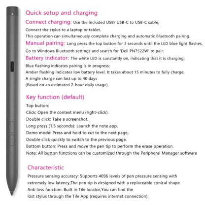 KEITE Rechargeable Active Pen PN7522W for Dell 9420/7420/7440/9430 Latitude 16 2in 1 7620/7630, 13 2in1 9330/7330/5330/3340, 3-Buttons, LED Indicator, Cone-Shaped Nib