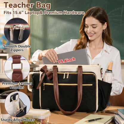 Veirdro Teacher Laptop Tote Bag for Women with Large Leakproof Cup Holder, Waterproof Work Tote Bags with Padded 15.6 in Laptop Compartment, Quilted Nurse Bag with Carrying Purse for Office, Black
