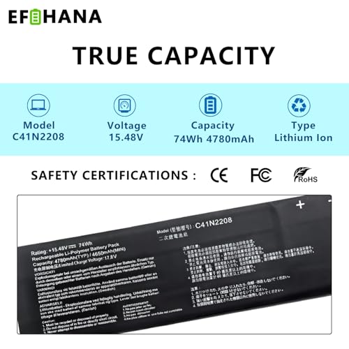 74Wh C41N2208 Gaming Handheld Battery Upgrade Kit for Asus ROG Ally RC71L PC71L NR2301L (2023 1st Gen, NOT for ROG Ally X RC72L) Gaming Handheld PC,15.48V 4780mAh 4-Cell - size: 11.89×3.78×0.31 in C41N2208