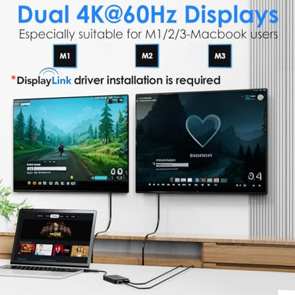 WAVLINK DisplayLink USB A/C to Dual HDMI Adapter 4K@60Hz for 2 Monitors | DisplayLink USB 3.0 & USB C to 2 HDMI Adapter for Dual Monitor, for Mac M1-M5/Neo, Windows, ChromeOS, Ubuntu
