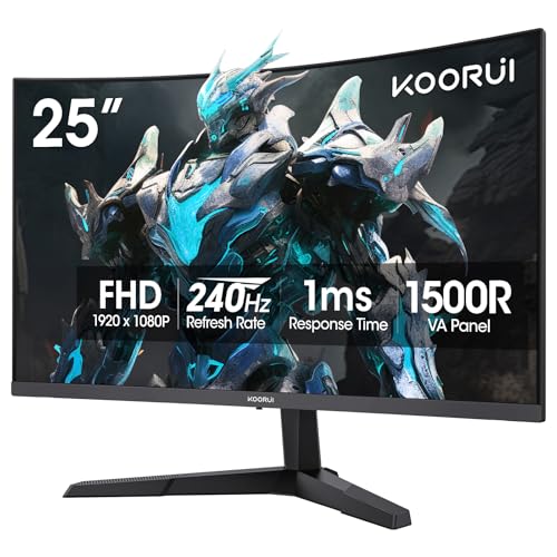 KOORUI 25 inch Curved Gaming Monitor 240Hz FHD 1080P, 1500R 1ms Display | Adaptive Sync, 90% DCI-P3, Eye Care, HDMI×2 and DP, VESA Mount, Tilt, FPS Gaming, Esports Players, Competitive Gaming - size: 25inch 240Hz/FHD/Curved