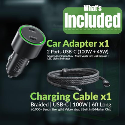 Esoulk145W USB C Car Charger Dual Port Cigarette Lighter Phone Charger | 145W fast dual USB-C car charger, includes 6ft 100W braided USB-C cable, charges 2 phones, tablets, or laptops.