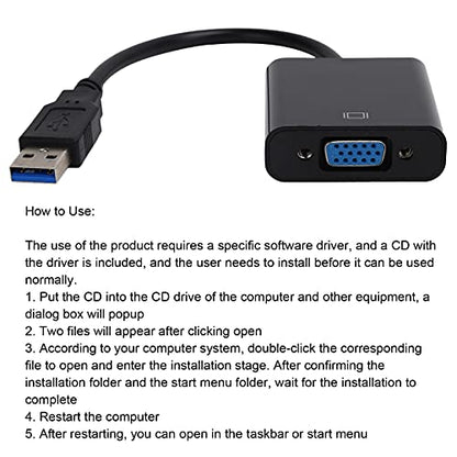Zopsc USB 3.0 to VGA Adapter Cable, 5Gbps, HD 1080P, 15Pin Female, Multi Display Support, No External Power Supply, for PC, Laptops, Desktops, Black - color: Black