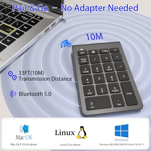 Bluetooth Number Pad, Wireless Numeric Keypad with 22 Keys - Portable Numpad for Laptop/Desktop/MacBook/Surface Pro/Windows/Android/iOS - Quiet Keys 33ft Range & Ergonomic Design