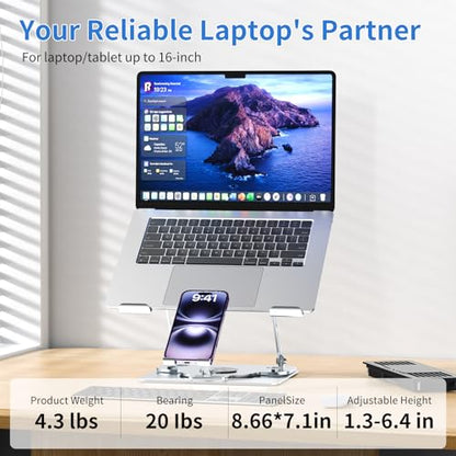 Laptop Cooling Pad with Detachable Fan & Cooler, 2-in-1 Laptop & Phone Stand, Adjustable Angle, 360° Rotatable Base, Carbon Steel, Ultra-Quiet & Super Sturdy for Laptop (Silver Gray) - color: Silver Gray
