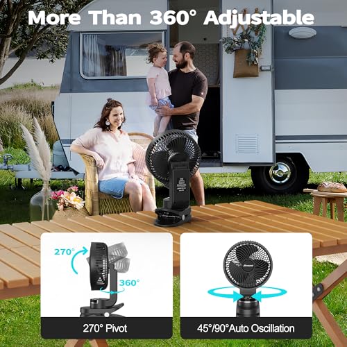 AMACOOL Battery Operated Camping Fan with Light, 20000mAh Rechargeable Clip on Fan with Hook & Digital Display, 112Hrs Running, 9 Speed, 360° Rotation Portable Small Fans for Tent Camping RV Travel - color: Black