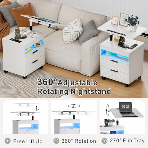 Lareth Rolling Nightstand with Wheels, LED Lights, Charging Station | Height Adjustable, Bedside Table 2 Drawers, Smart Wooden End Table Dorm Side Table Laptop Workstaion, Bedroom, White - color: A White