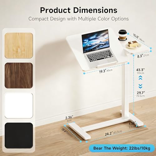 BIZUM Overbed Rolling Table with Adjustable Tilt Top Mobile Bedside Desk with Hidden Wheels Pneumatic Height Adjustable Laptop & Meal Table for Home and Hospital Use(27.6x15.8, White) - color: White