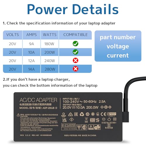 200W Gaming Laptop Charger for Asus ROG Zephyrus Strix Zenbook TUF Dash | AC Adapter Replacement for Asus TUF A15 F15 F17, Strix G17 G513 G713 G731, ADP-200JB D, 20V 10A Round Tip Power Supply Cord
