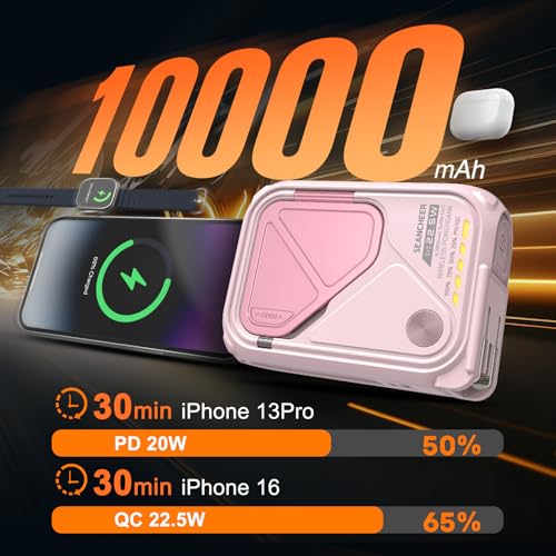 SEANCHEER P05 Portable Charger, Magnetic Power Bank, Small PowerBank, Battery Pack10000mAh Travel Essentials Fast Charging with Built in Cable, Foldable Wall Plug for iPhone,Samsung,Andriod (Pink) - color: Pink