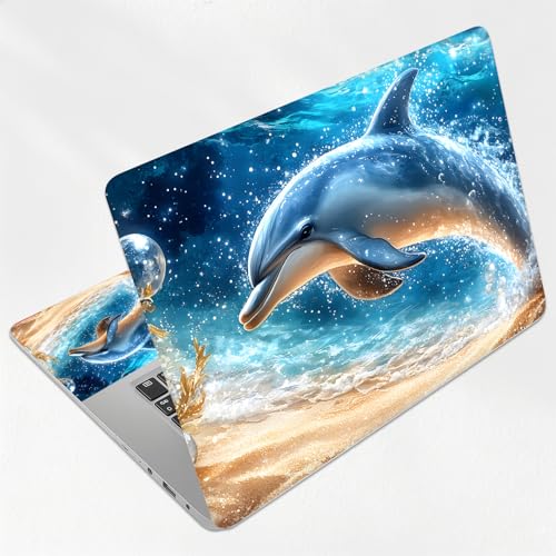 Golden Dolphin Beach Universal Laptop Skin Sticker 3PCS, Protective Decal Trim-to-Fit 11.6" 13.3" 14" 15.6" Laptop Vinyl Cover, Removable Anti-Scratch Computer Decal Protector - color: Golden Dolphin Beach