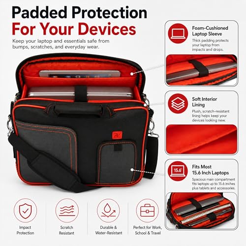 15.6 Inch Laptop Briefcase Shoulder Bag, Water Resistant Nylon Messenger Bag, Padded Compartment, Trolley Strap - color: Red