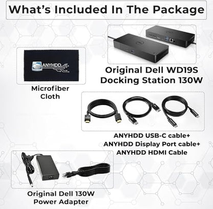 Dell WD19S Docking Station 130W (90W Power Delivery) - Dell Docking Station Dual Monitor for Laptop with 130W Power Adapter + Anyhdd HDMI Cable + DisplayPort Cable + USB-C Cable + Microfiber Cloth