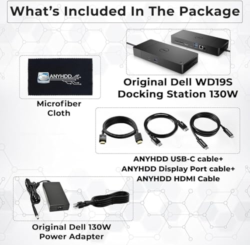 Dell WD19S Docking Station 130W (90W Power Delivery) - Dell Docking Station Dual Monitor for Laptop with 130W Power Adapter + Anyhdd HDMI Cable + DisplayPort Cable + USB-C Cable + Microfiber Cloth