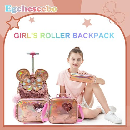 Kids Rolling Big Ears Backpack for Girls Sequins Trolley Suitcases Luggage Travel with Wheels Bookbag Wheeled 17" Roller Backpacks Set Toddler Back Pack School Bags for Elementary Champagne - color: 5315-miqi-champagne
