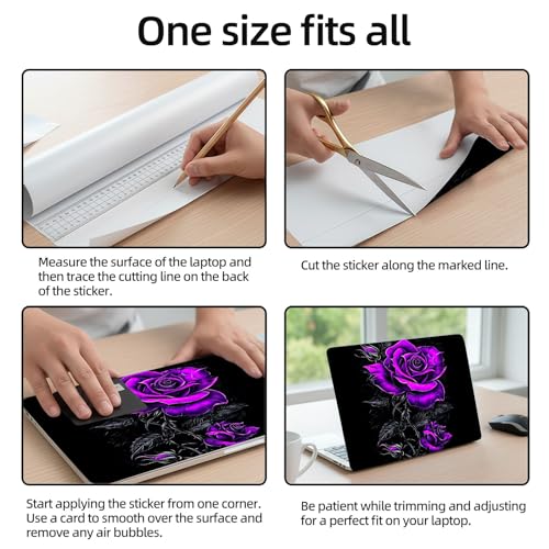 Aesthetic Laptop Skin Sticker, Purple Roses on Black Waterproof Vinyl Laptop Decal, Removable Bubble Free, Reusable Protective Cover for 13 14 15 15.6 Inch - color: Purple Roses on Black