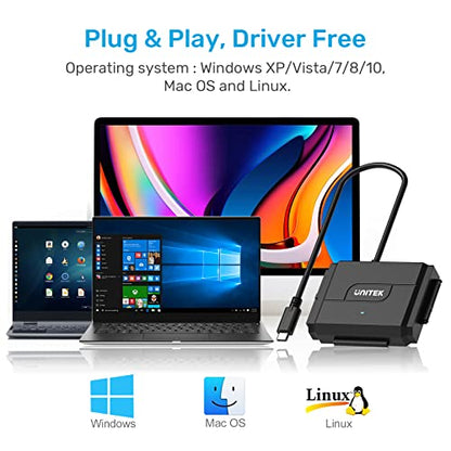 Unitek IDE/SATA USB-C 3.0 Adapter, Little Triangle, 10TB, 6Gbps, Tool-Free | Simultaneous 1 SATA + 1 IDE Access; For 2.5/3.5" IDE/SATA, Optical; Plug & Play, Hot-Swap, Auto Sleep; 12V Adapter Included - color: USB C