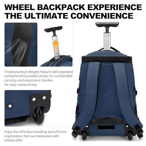 Boavan Rolling Backpack,17 inch Water Resistant Wheeled Backpack,Carry on Luggage Business Bag, Overnight College Computer bag Trolley Suitcase for Men Women Adults to Travel，Black - color: Navy, size: 17.3 inches