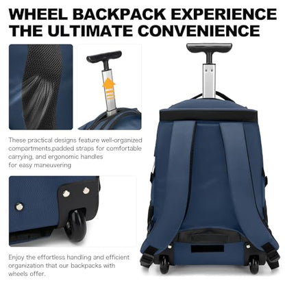 Boavan Rolling Backpack,17 inch Water Resistant Wheeled Backpack,Carry on Luggage Business Bag, Overnight College Computer bag Trolley Suitcase for Men Women Adults to Travel，Black - color: Navy, size: 17.3 inches