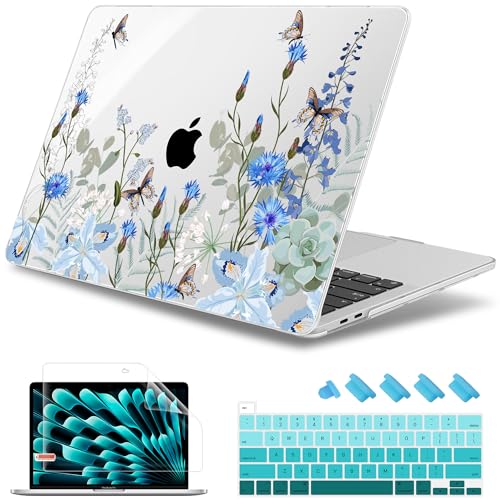 May Chen Compatible with MacBook Pro 13 inch Case with Touch Bar 2022 2021 2020 Release A2338 M1/M2 A2251 A2289, Plastic Hard Shell Case with Keyboard Cover + Dust Plug, Blue Flowers Leaves - color: Blue Flowers leaves