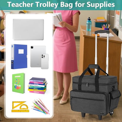 Teamoy Rolling Teacher Bag with 15.6" Laptop Compartment, Black | Teacher Tote Bag with Detachable Wheels, Multi-functional Wheeled Teacher Bag for Teaching, Office