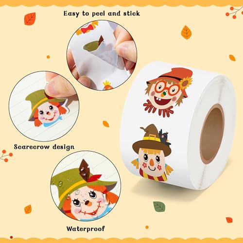 Haooryx Fall Scarecrow Sticker Rolls, 1000Pcs Autumn Scrapbook Stickers | waterproof vinyl self adhesive junk journal water bottle laptop scrapbooking supplies greeting card making party favor s - style: Fall-Theme Scarecrow Head 2Roll