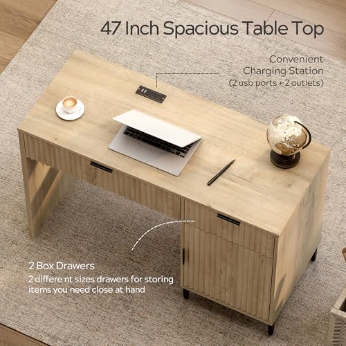 47" Fluted Executive Desk, Modern Wood Home Office Desk with Charging Station, Drawer & Cabinet, Computer Writing Desk for Work Study, Light Oak - color: Light Oak