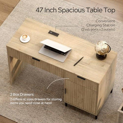 47" Fluted Executive Desk, Modern Wood Home Office Desk with Charging Station, Drawer & Cabinet, Computer Writing Desk for Work Study, Light Oak - color: Light Oak