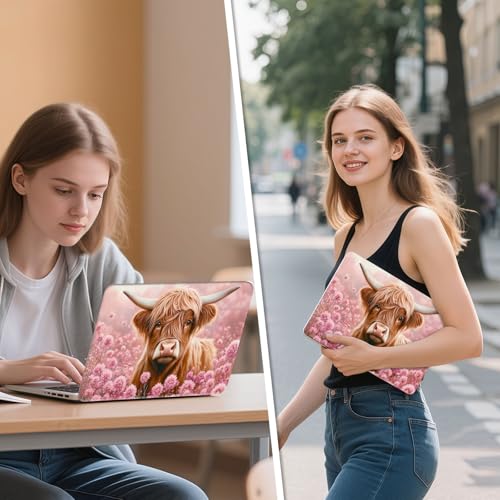 Universal Laptop Skin Sticker Decal, 12"-15.6" Aesthetic Vinyl Wrap, Highland Cow Pink Flowers Waterproof Notebook Cover Art Protector for MacBook HP Dell Lenovo, Fits 13" 14" 15" 15.6" - color: Highland Cow Pink Flowers