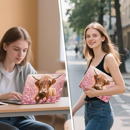 Universal Laptop Skin Sticker Decal, 12"-15.6" Aesthetic Vinyl Wrap, Highland Cow Pink Flowers Waterproof Notebook Cover Art Protector for MacBook HP Dell Lenovo, Fits 13" 14" 15" 15.6" - color: Highland Cow Pink Flowers